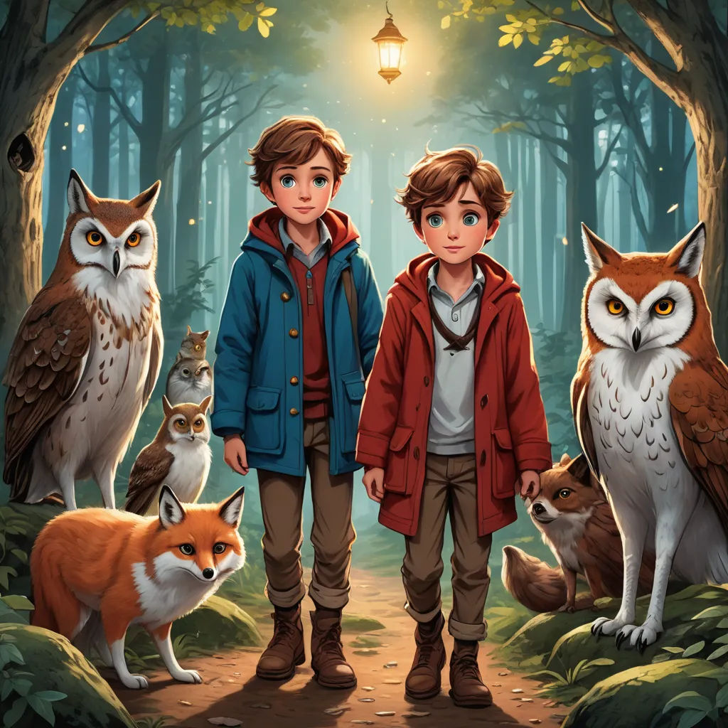 a boy and a boy standing in front of an owl and fox scene with a lantern in the background, sots art, a storybook illustration, Diego Gisbert Llorens, key art