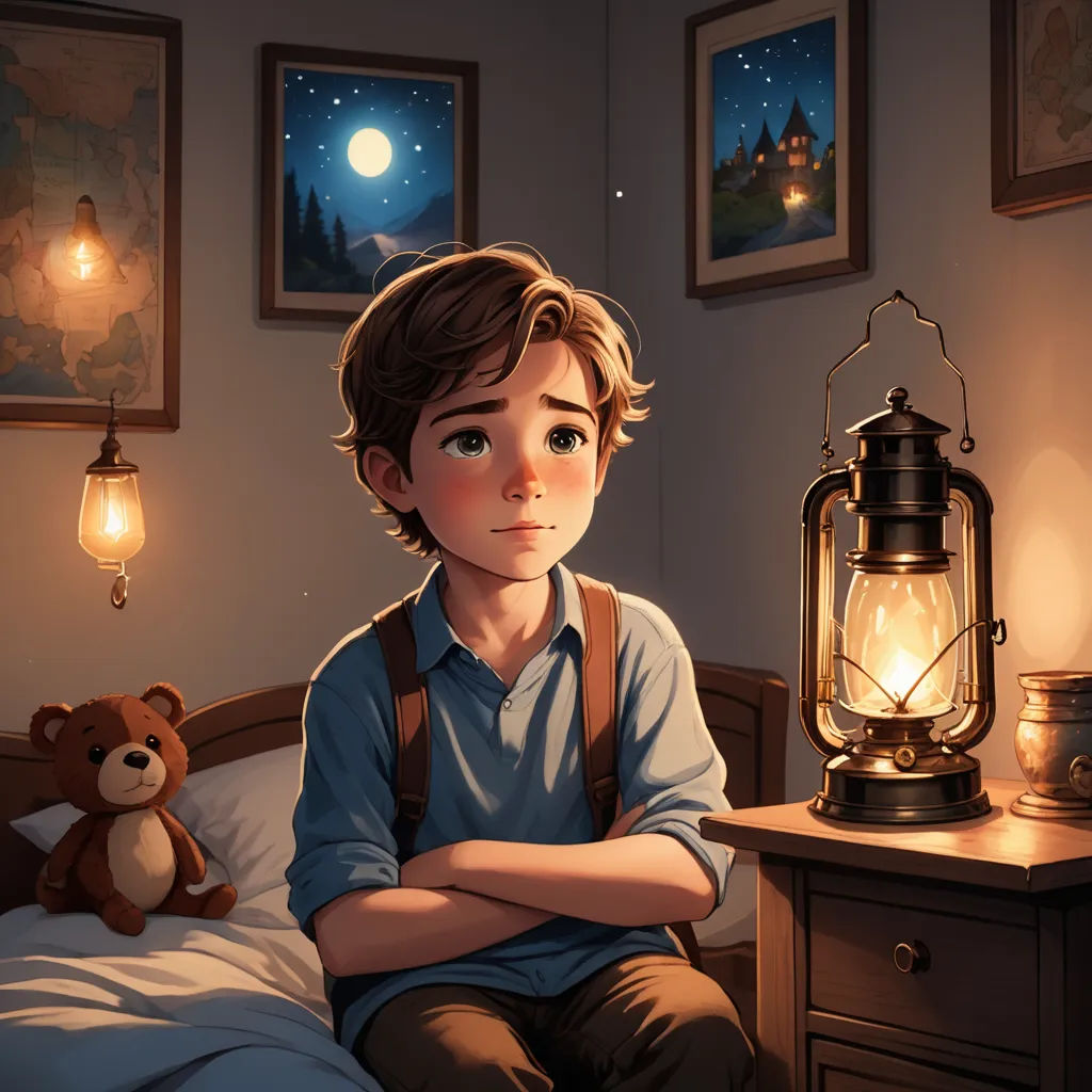 a boy sitting on a bed with a teddy bear next to him and a lantern on the nightstand next to him, fantasy art, a storybook illustration, Diego Gisbert Llorens, storybook illustration