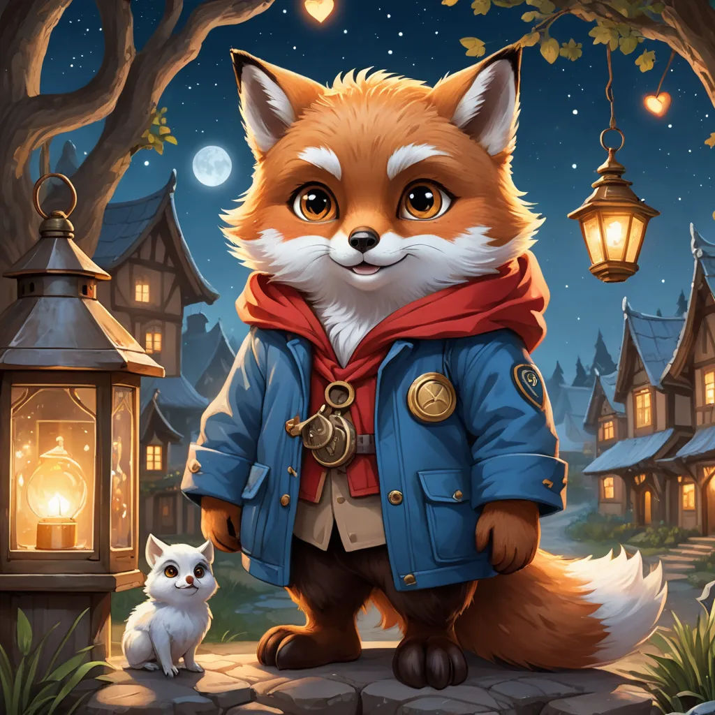 a fox and a cat are standing in front of a lantern and lantern lanterns in the night sky, with a full moon in the background, furry art, a character portrait, Aaron Jasinski, kinkade