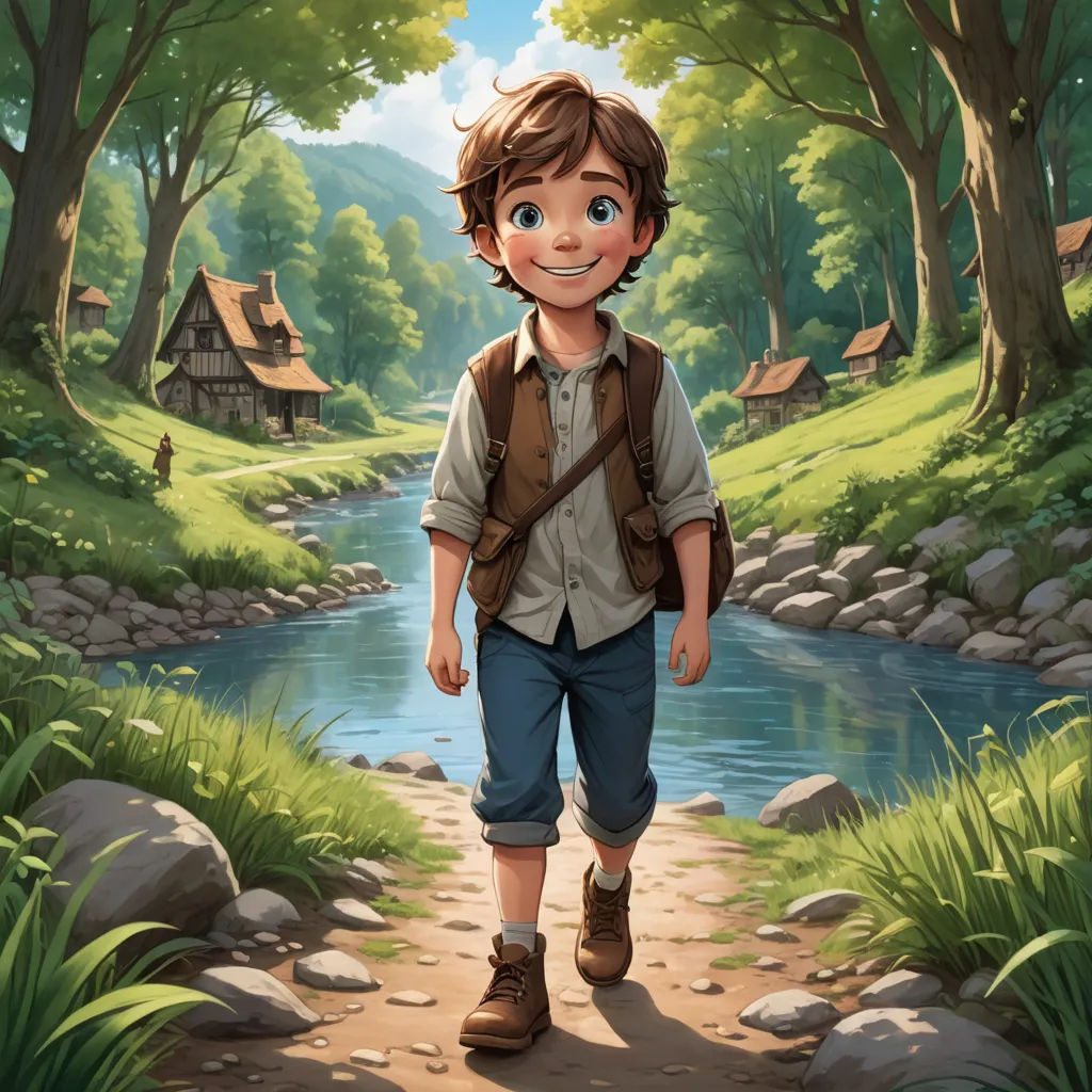 a boy with a backpack walking down a path to a river in a forest with a house on the other side, fantasy art, a storybook illustration, Aaron Jasinski, official art