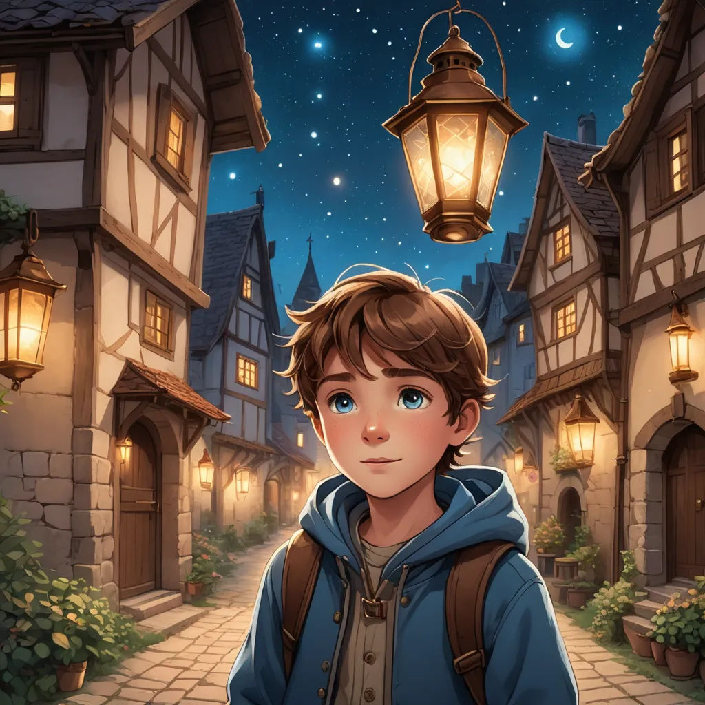 a boy standing in front of a street light in a village at night with a lantern on his head, fantasy art, a storybook illustration, Cedric Seaut (Keos Masons), rossdraws global illumination
