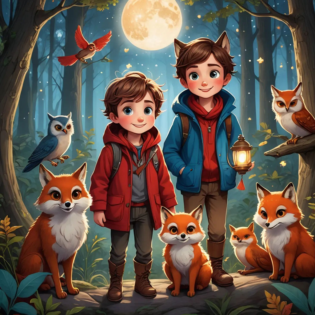 a boy and a girl standing in the woods with foxes and owls around them, with a lantern in their hands, furry art, a storybook illustration, Diego Gisbert Llorens, 2 d game art