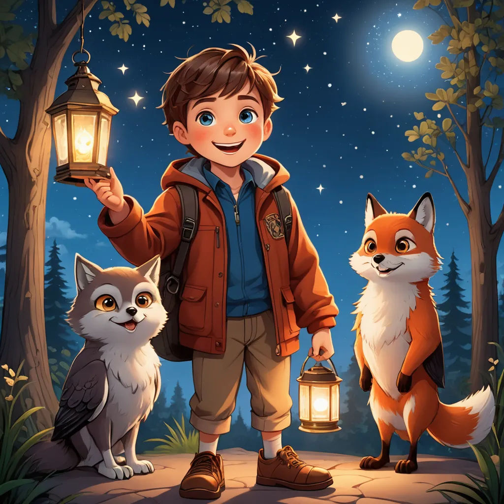 a boy holding a lantern and two foxes in a forest at night with the moon in the sky above, furry art, a storybook illustration, Aaron Jasinski, rossdraws global illumination
