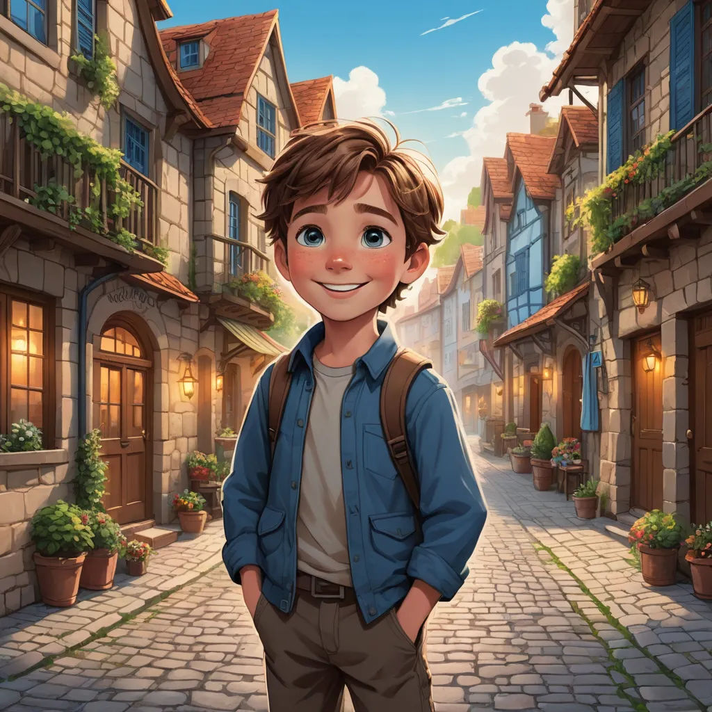 a boy standing in a street with a backpack on his back and a building in the background with a sky background, american scene painting, a storybook illustration, Cedric Seaut (Keos Masons), kinkade