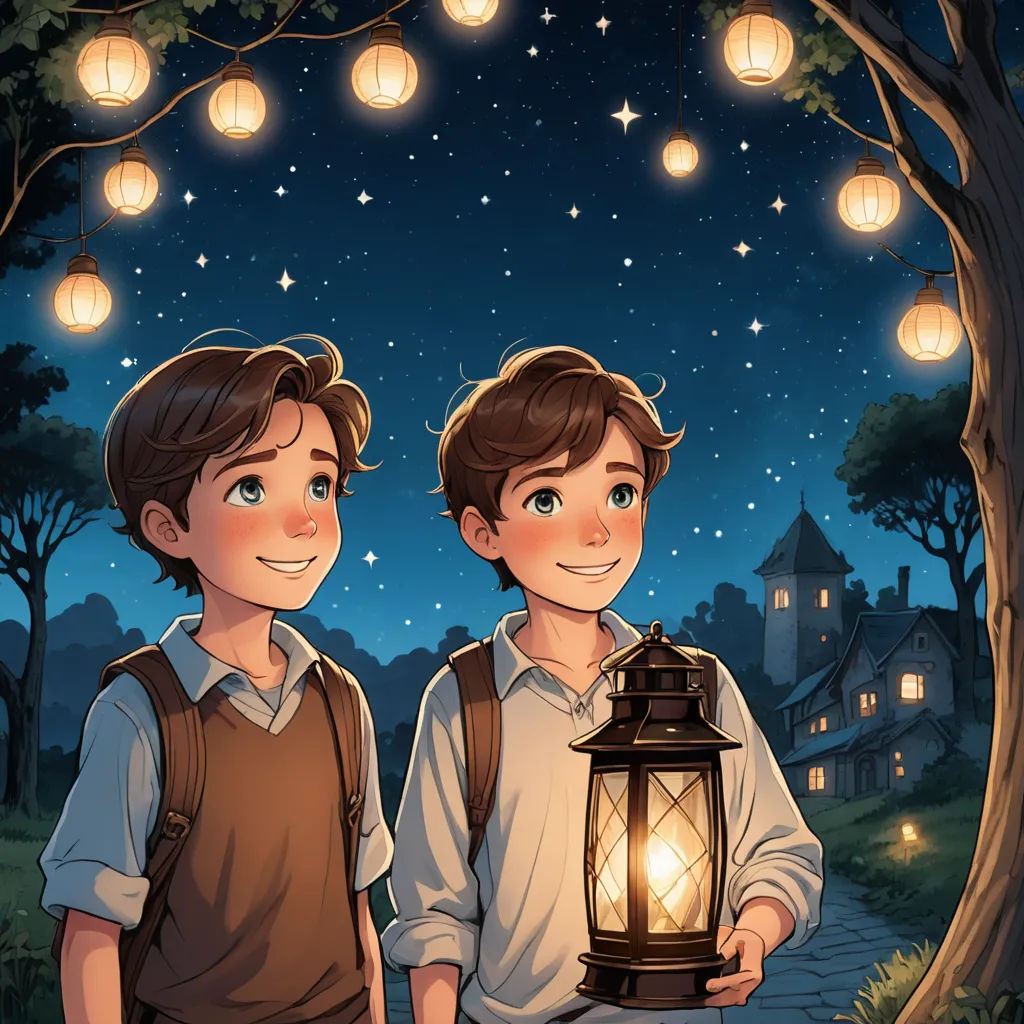 two boys standing next to each other holding a lantern in front of a tree with lights on it and a night sky with stars, neo-romanticism, a storybook illustration, Diego Gisbert Llorens, fireflies