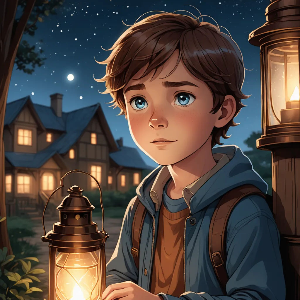 a boy holding a lantern in front of a house at night with a full moon in the sky above him, fantasy art, a storybook illustration, Aaron Jasinski, kinkade