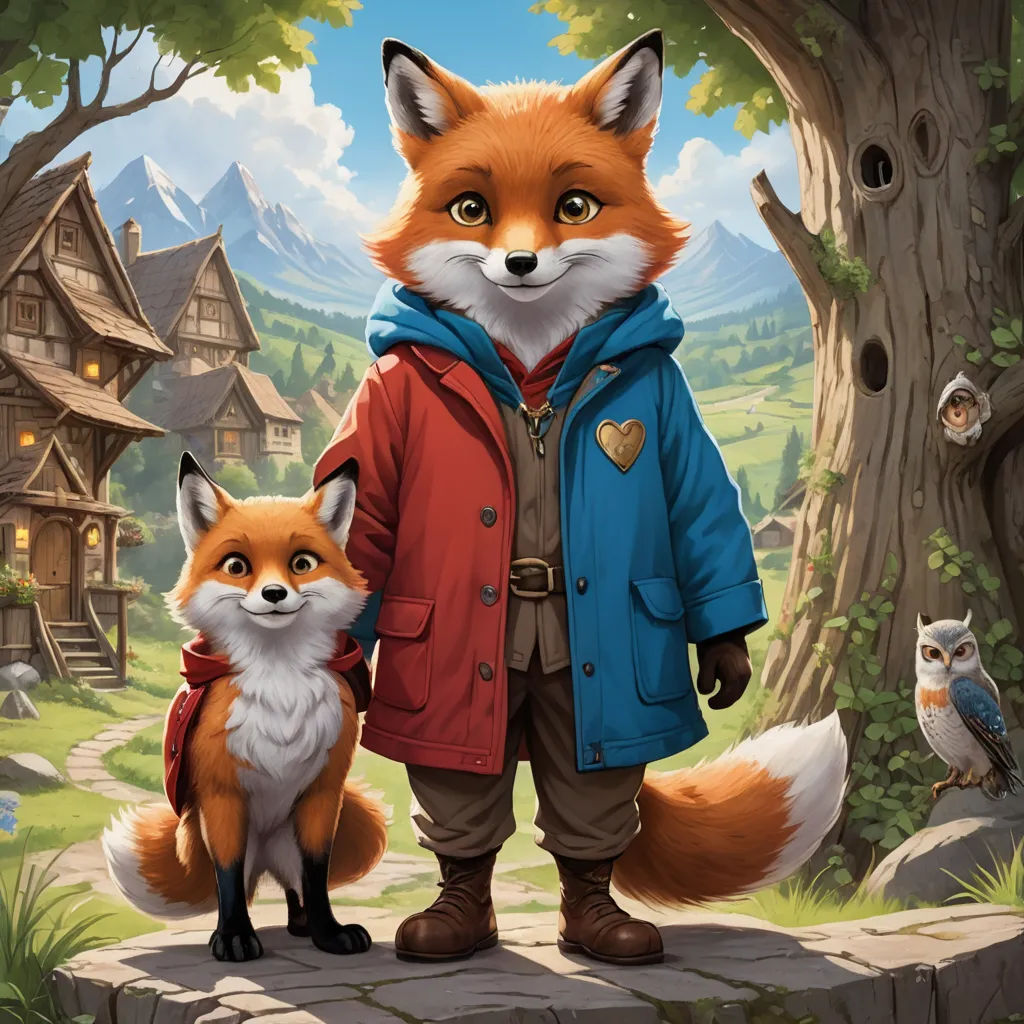 a painting of a fox and a fox cub standing in front of a forest with a cabin on the other side, furry art, a storybook illustration, Aaron Jasinski, official art