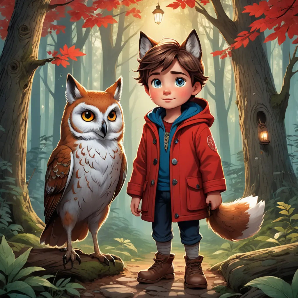 a boy standing next to an owl in a forest with a lantern in the background and a red jacket on, sots art, a storybook illustration, Cedric Seaut (Keos Masons), key art