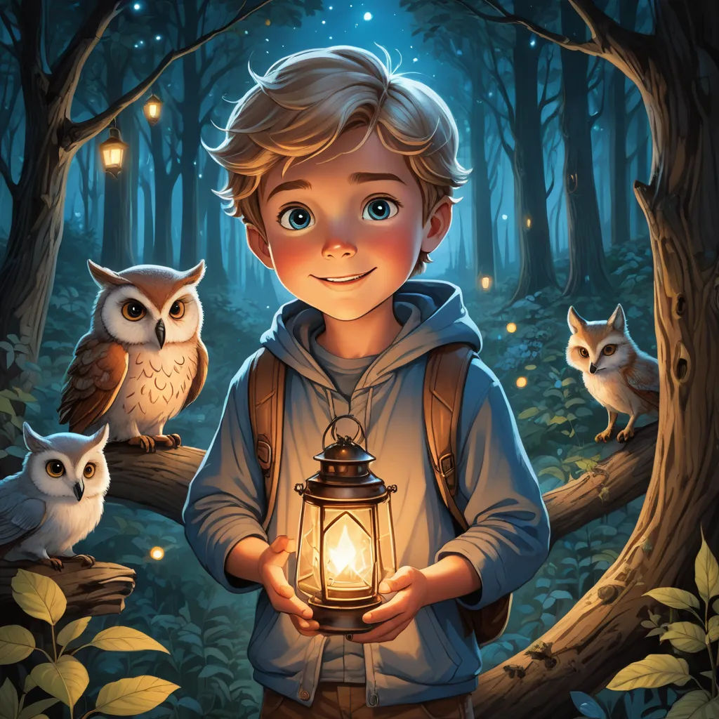 a boy holding a lantern in a forest with owls around him and a forest scene in the background with a boy holding an owl, fantasy art, a storybook illustration, Aaron Jasinski, rossdraws global illumination