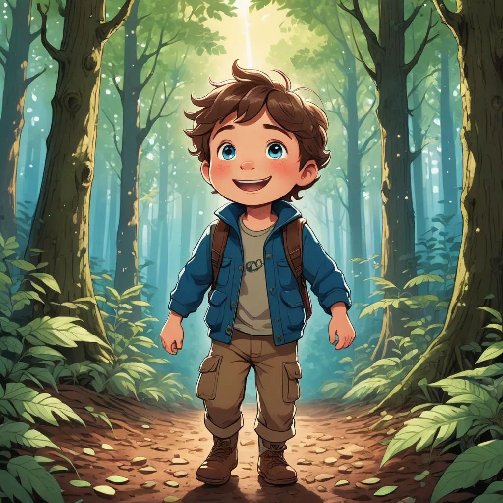 a boy in a blue jacket is walking through a forest with a backpack on his back and a backpack on his shoulder, process art, a storybook illustration, Cliff Childs, rossdraws global illumination