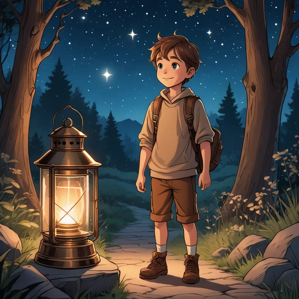 a boy standing in front of a lantern in the woods at night with a star in the sky above, fantasy art, a storybook illustration, Diego Gisbert Llorens, rossdraws global illumination