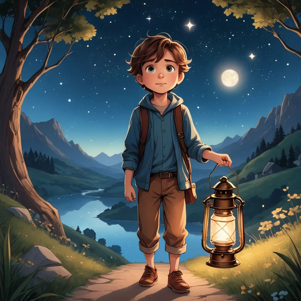 a boy holding a lantern in a forest at night with a lake and mountains in the background, and a full moon, fantasy art, a storybook illustration, Diego Gisbert Llorens, rossdraws global illumination