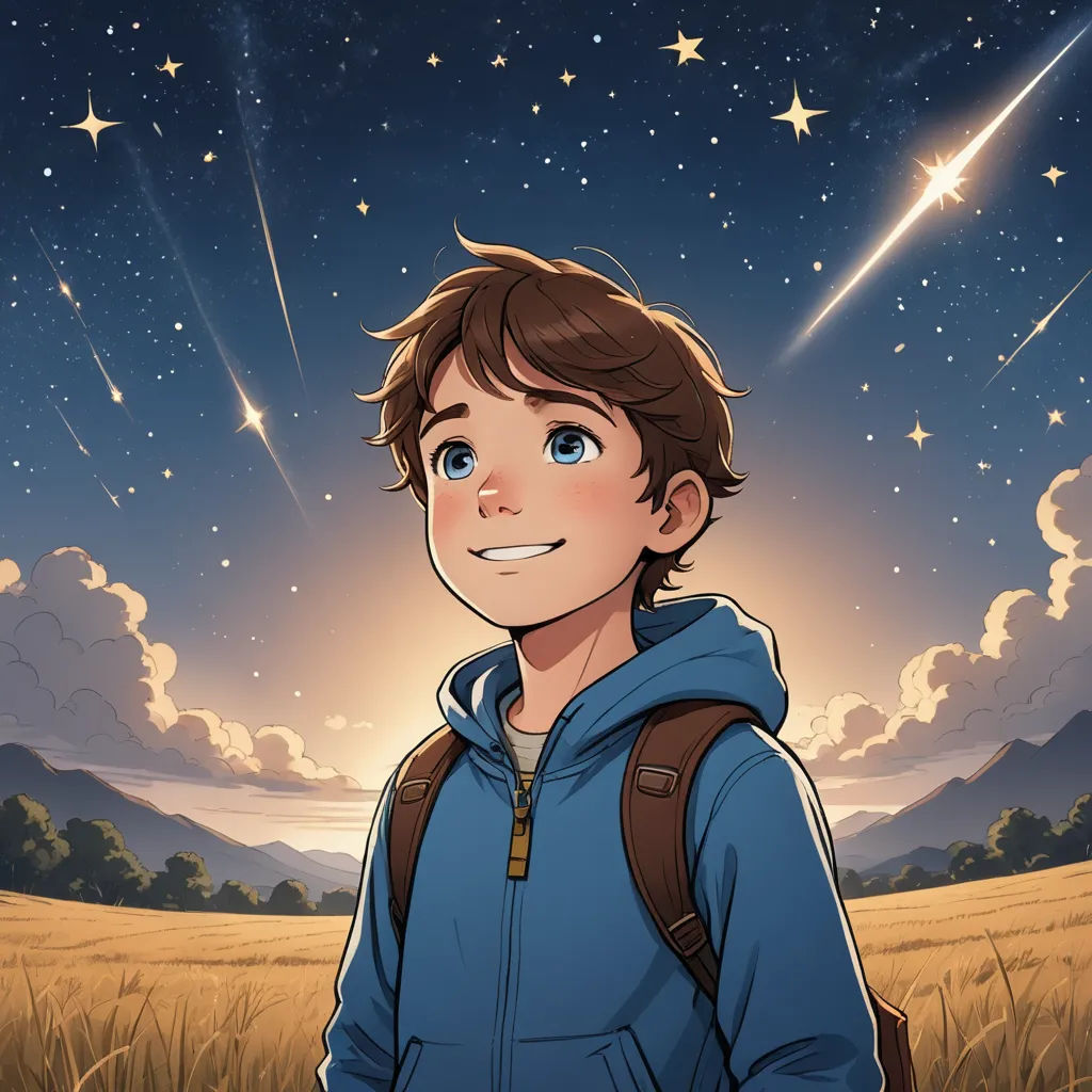 a boy in a blue jacket standing in a field with stars in the sky above him and a field of grass below him, space art, a character portrait, Diego Gisbert Llorens, official art