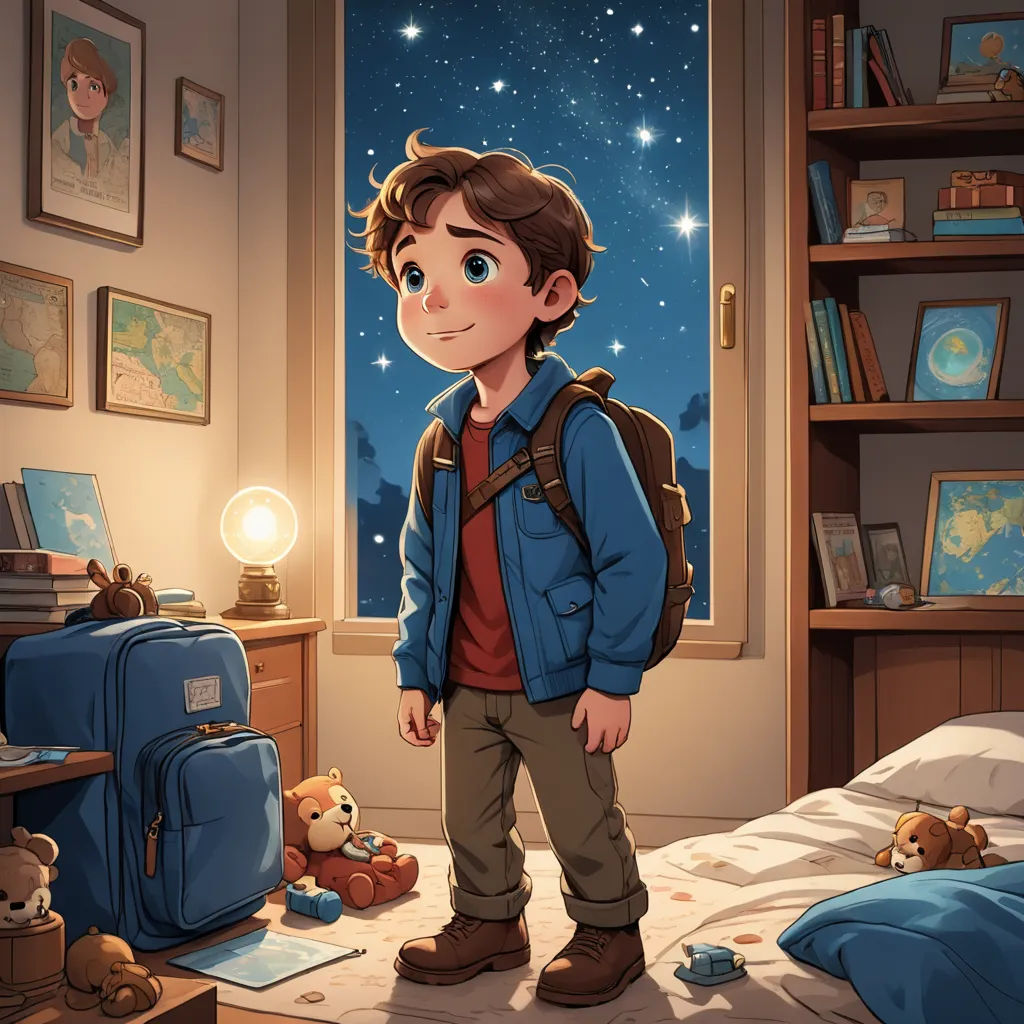 a boy standing in a bedroom with a backpack on his back and a teddy bear on the floor next to him, space art, a storybook illustration, Diego Gisbert Llorens, trending on art station