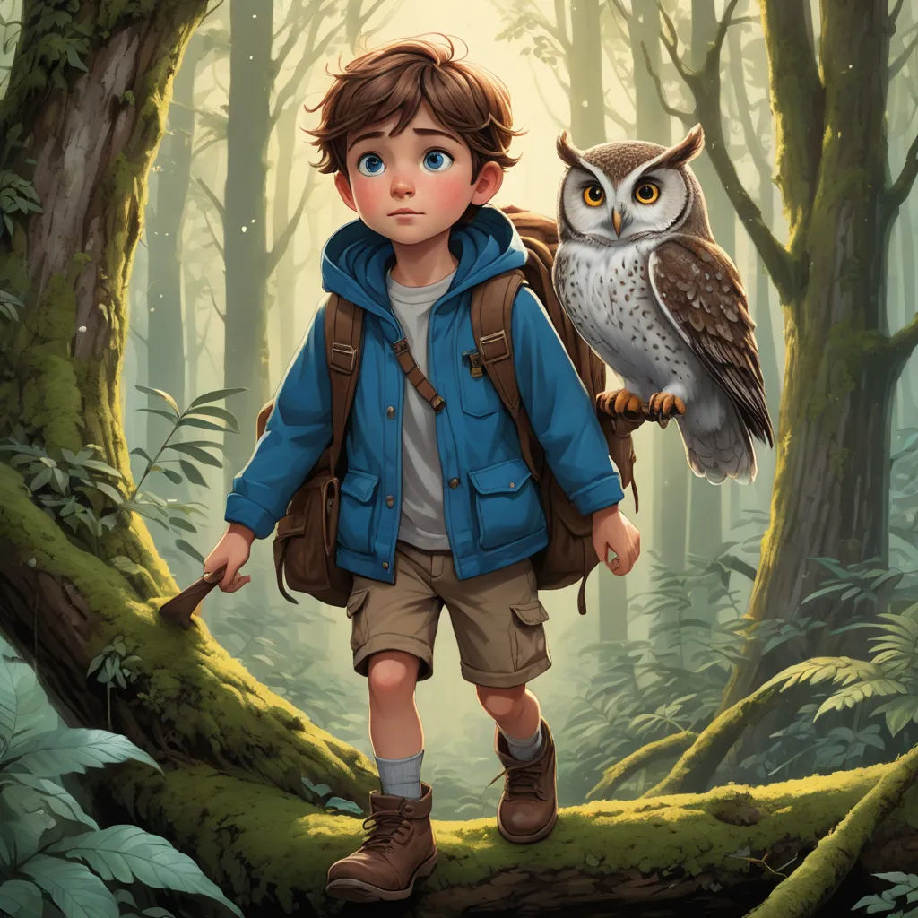 a boy with a backpack and an owl on his shoulder in a forest with trees and mossy ground, fantasy art, a storybook illustration, Aaron Jasinski, rossdraws global illumination