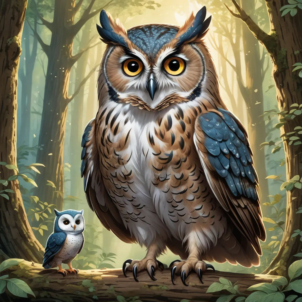 a painting of an owl and a baby owl sitting on a branch in a forest with trees and leaves, fantasy art, a storybook illustration, Chris LaBrooy, magic the gathering artwork
