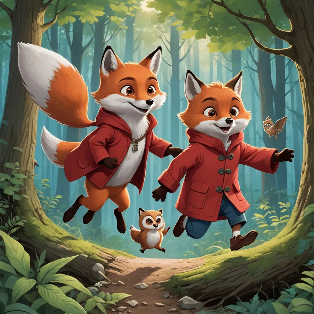 a couple of foxes are running through a forest together, with a butterfly flying above them and a forest scene in the background, furry art, a storybook illustration, Aaron Jasinski, official art