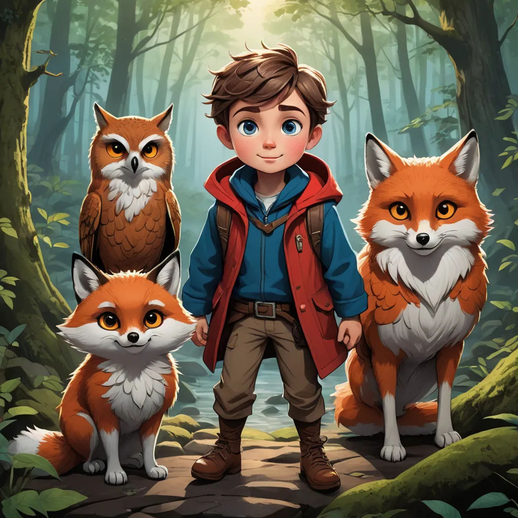 a boy standing in front of three foxes in a forest with a forest background and a forest scene with a boy and two foxes, sots art, concept art, Cliff Childs, key art