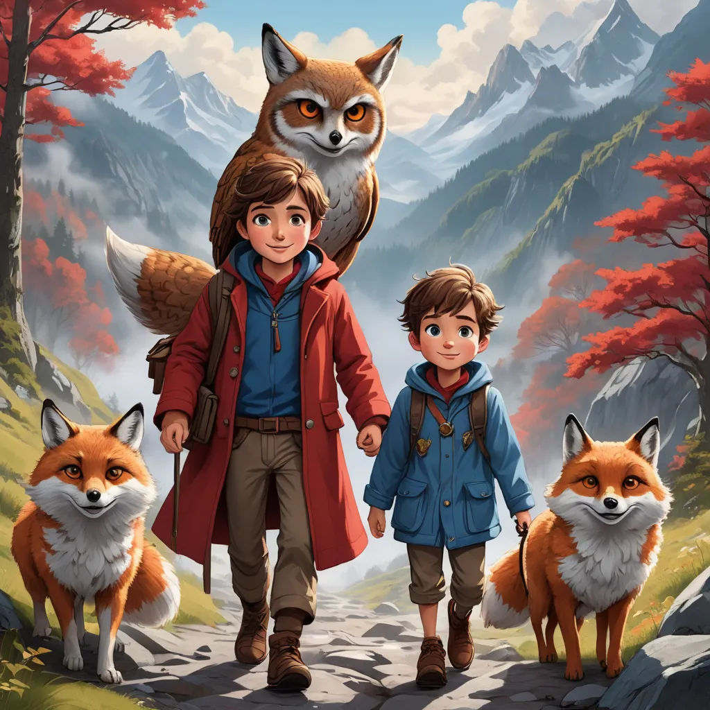 a boy and a boy are walking with a fox on their back and a fox on his shoulder, and a fox on his shoulder, furry art, a storybook illustration, Brothers Hildebrandt, official art