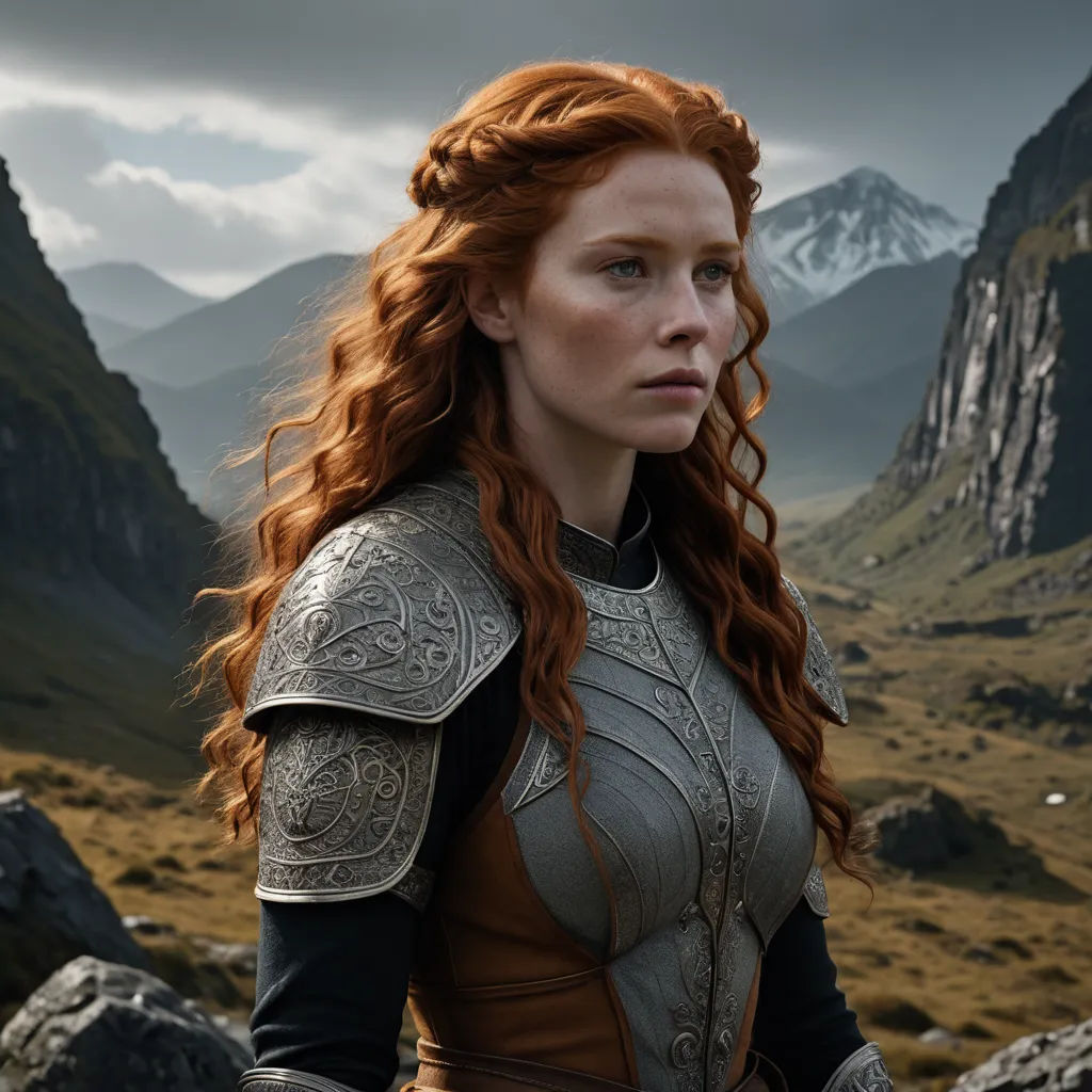 a woman with red hair and a helmet on standing in a mountainous area with mountains in the background and a cloudy sky, renaissance, a detailed matte painting, Anna Maria Barbara Abesch, elden ring