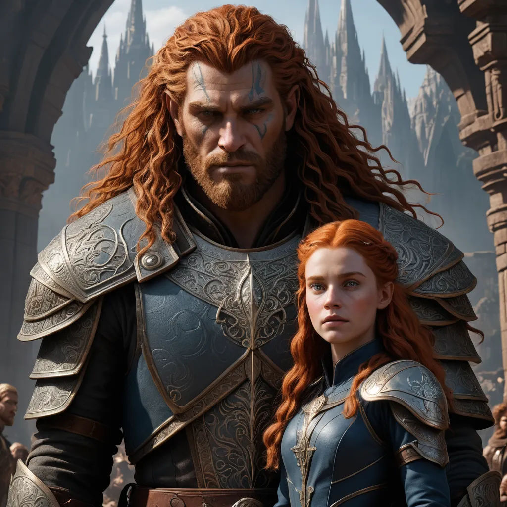 a man and a woman standing next to each other in front of a castle with towers and towers in the background, altermodern, computer graphics, Clint Cearley, elden ring