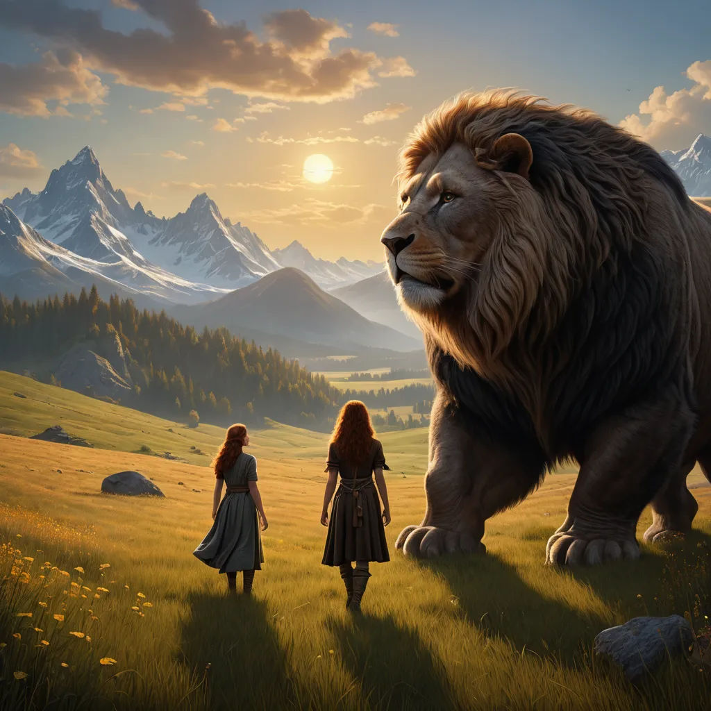 a lion and a woman standing in a field with mountains in the background and a sunset in the background, fantasy art, a detailed matte painting, Chris LaBrooy, cinematic matte painting