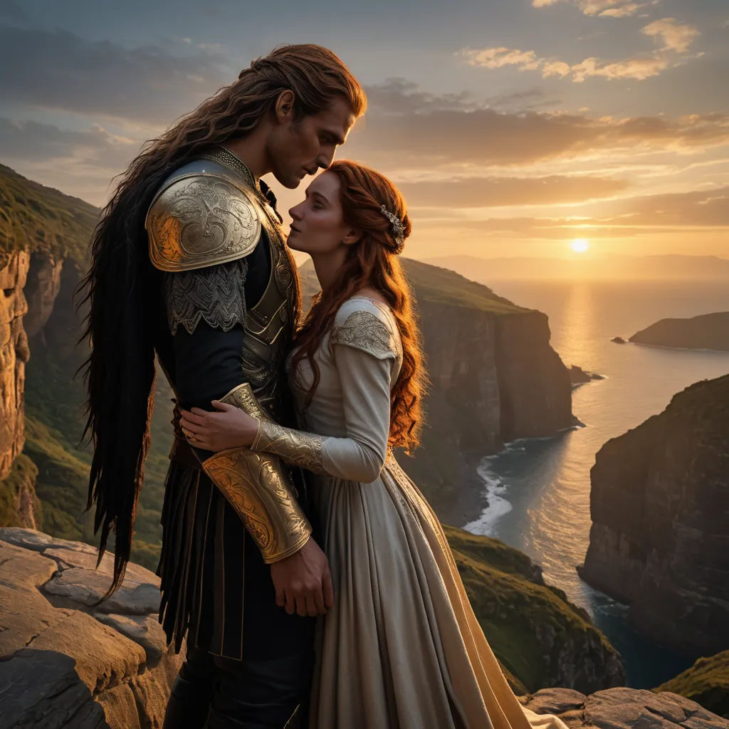 a man and a woman dressed in medieval clothing standing on a cliff overlooking the ocean at sunset with a view of the ocean, fantasy art, a detailed matte painting, Bálint Kiss, elden ring