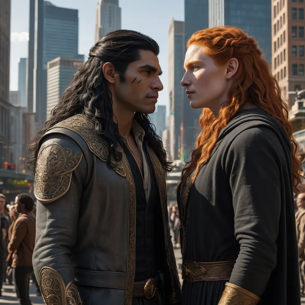 a man and a woman standing in front of a city skyline with tall buildings and skyscrapers in the background, international gothic, a renaissance painting, Altoon Sultan, elden ring