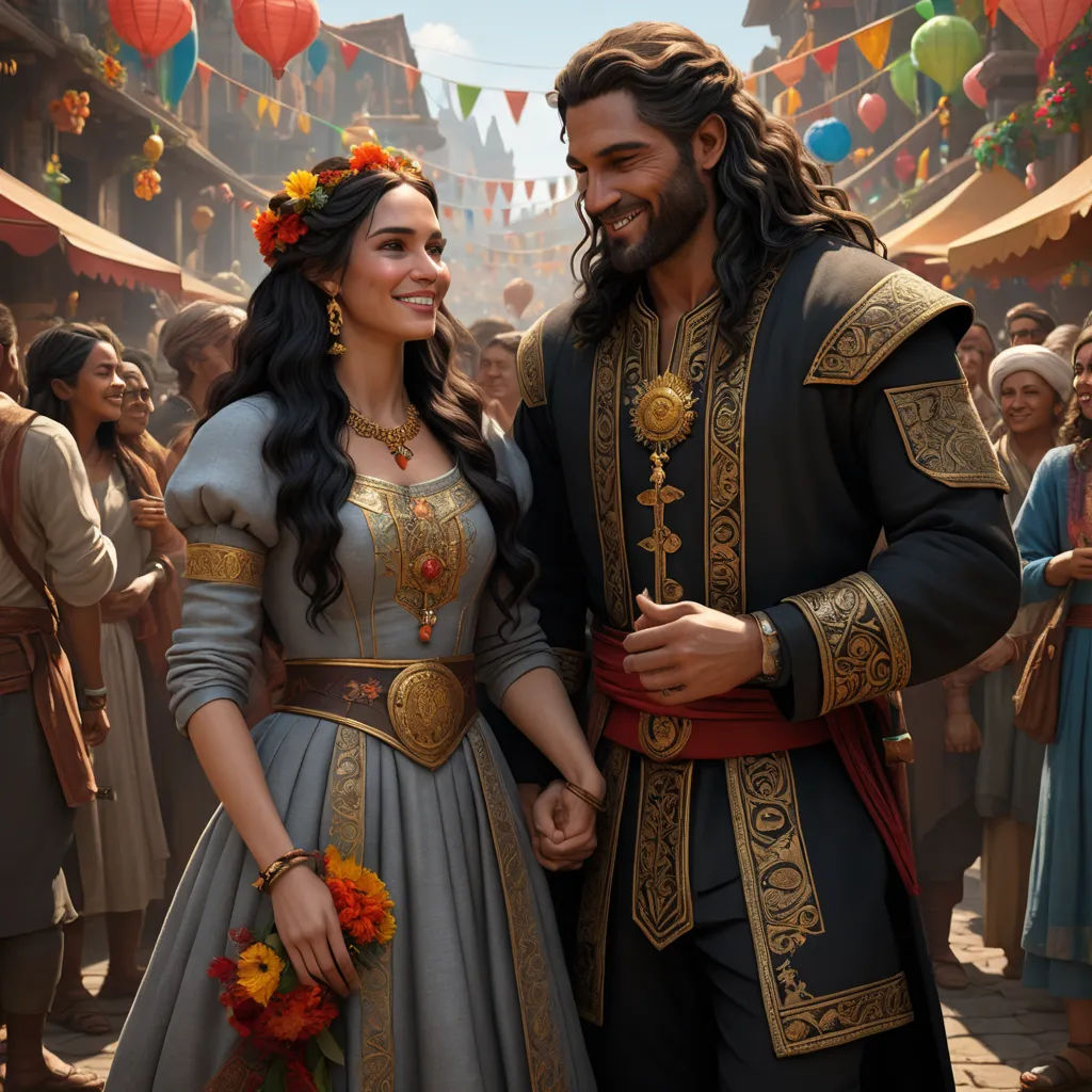 a man and woman dressed in medieval costumes standing next to each other in a crowd of people in a marketplace, fantasy art, a painting, Altoon Sultan, official art