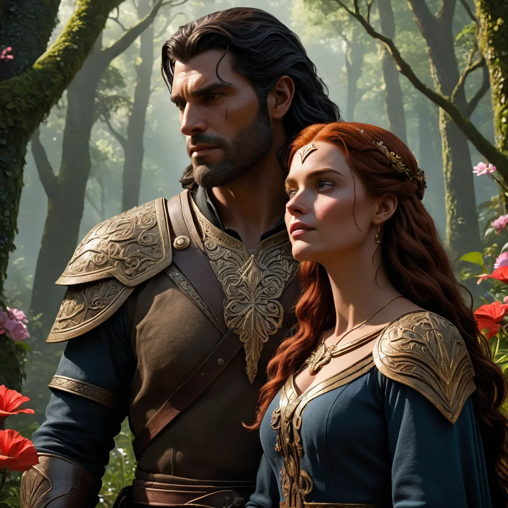 a man and a woman standing in a forest with flowers in their hair and a man in a crown, fantasy art, computer graphics, Bálint Kiss, epic fantasy character art