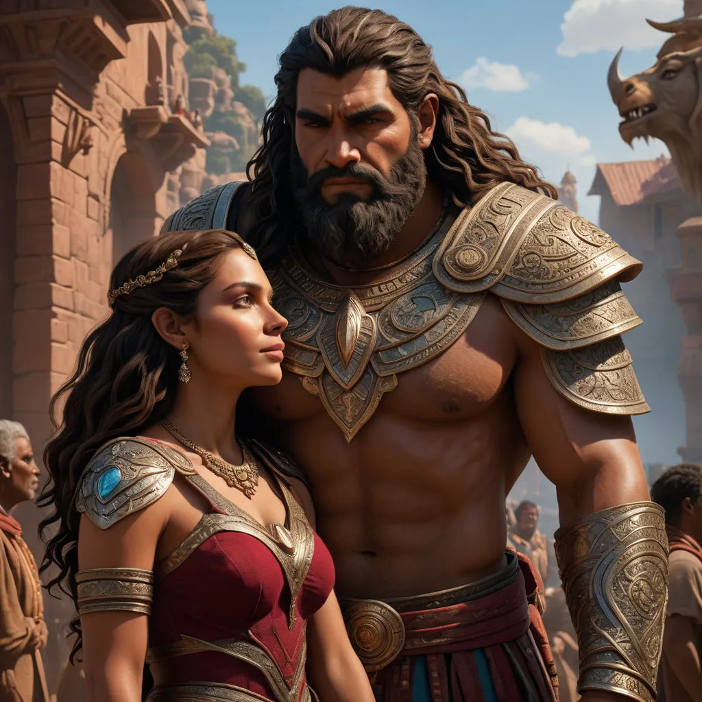 a man and woman in a scene from the movie spartaion, with a man with a beard and a woman with a crown, fantasy art, computer graphics, Clint Cearley, unreal 5