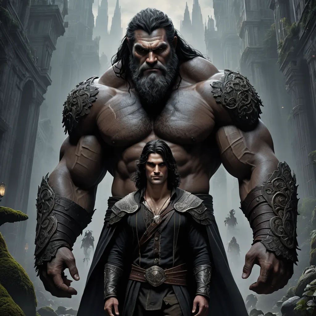 a man standing next to a giant man in a city with a giant beard and a beard on his head, fantasy art, computer graphics, Aleksi Briclot, key art