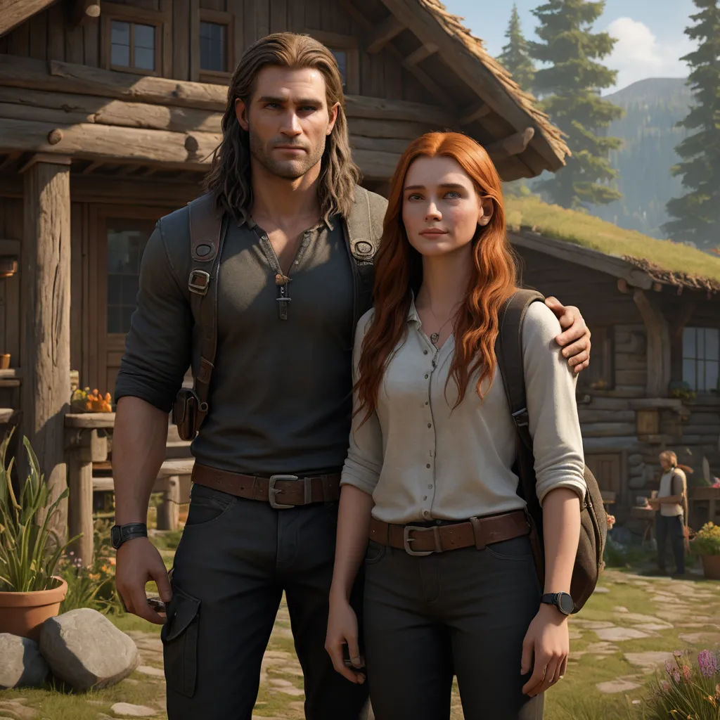 a man and a woman standing in front of a house in the wild, with a man in the background, photorealism, computer graphics, Cedric Seaut (Keos Masons), unreal engine highly rendered