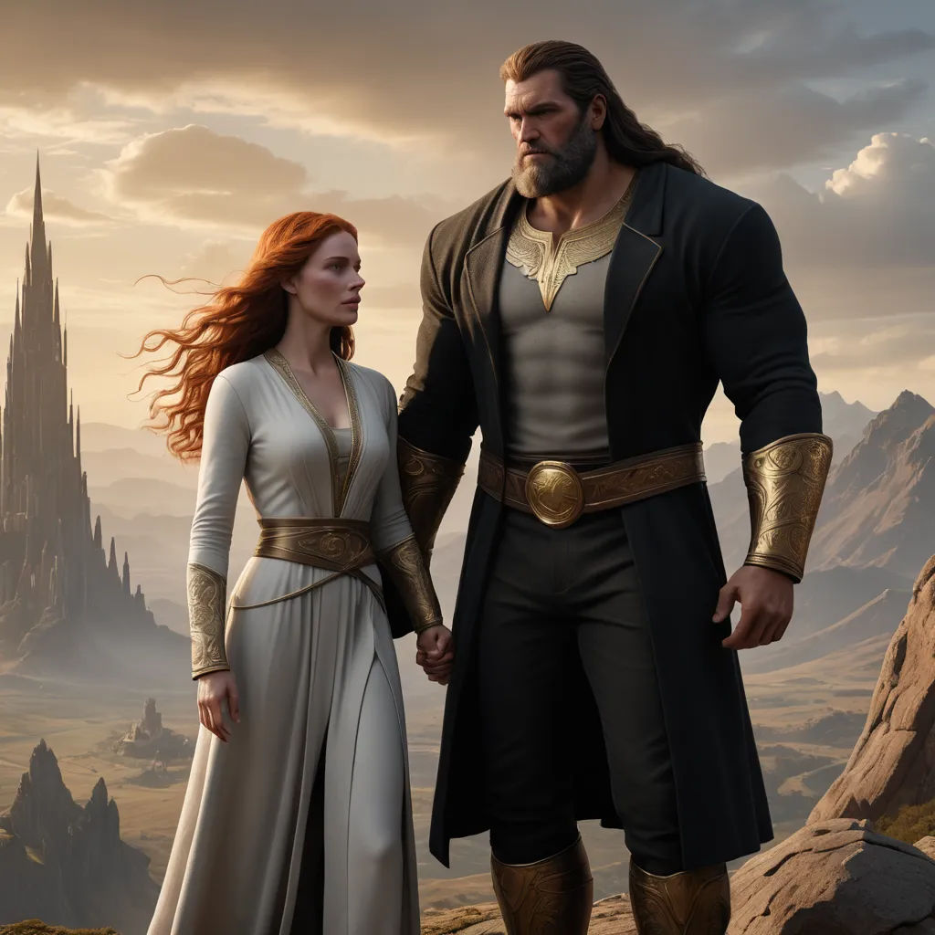 a man and a woman standing next to each other in front of a castle with a giant spire in the background, fantasy art, a detailed matte painting, Christophe Vacher, elden ring