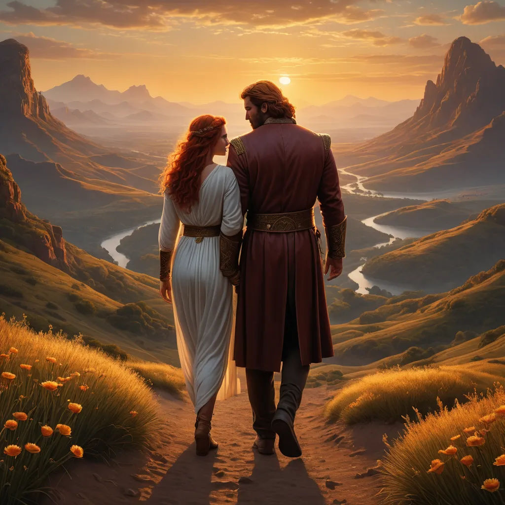a painting of a man and woman walking down a path towards a valley with a river running through it, fantasy art, a storybook illustration, Christophe Vacher, fantasy artwork