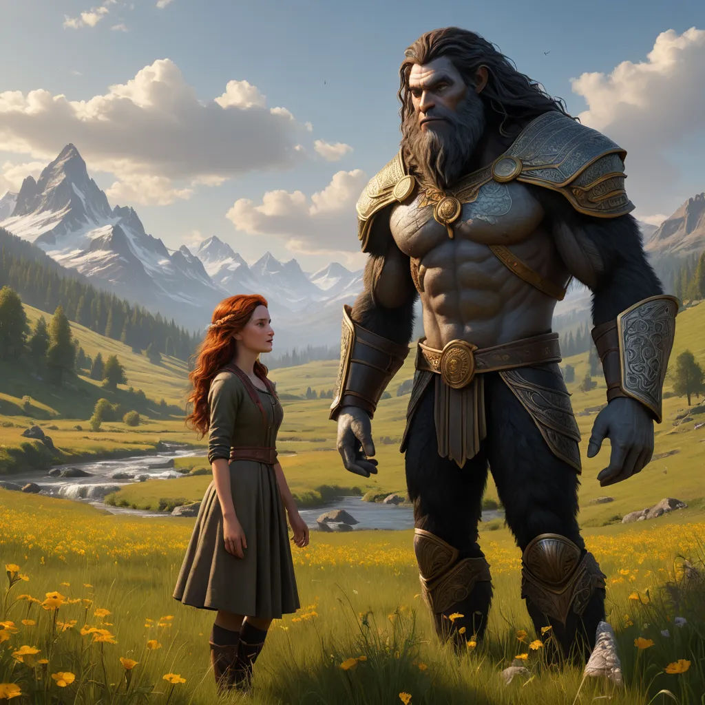 a woman standing next to a giant man in a field of flowers and grass with mountains in the background, fantasy art, computer graphics, Clint Cearley, epic fantasy character art
