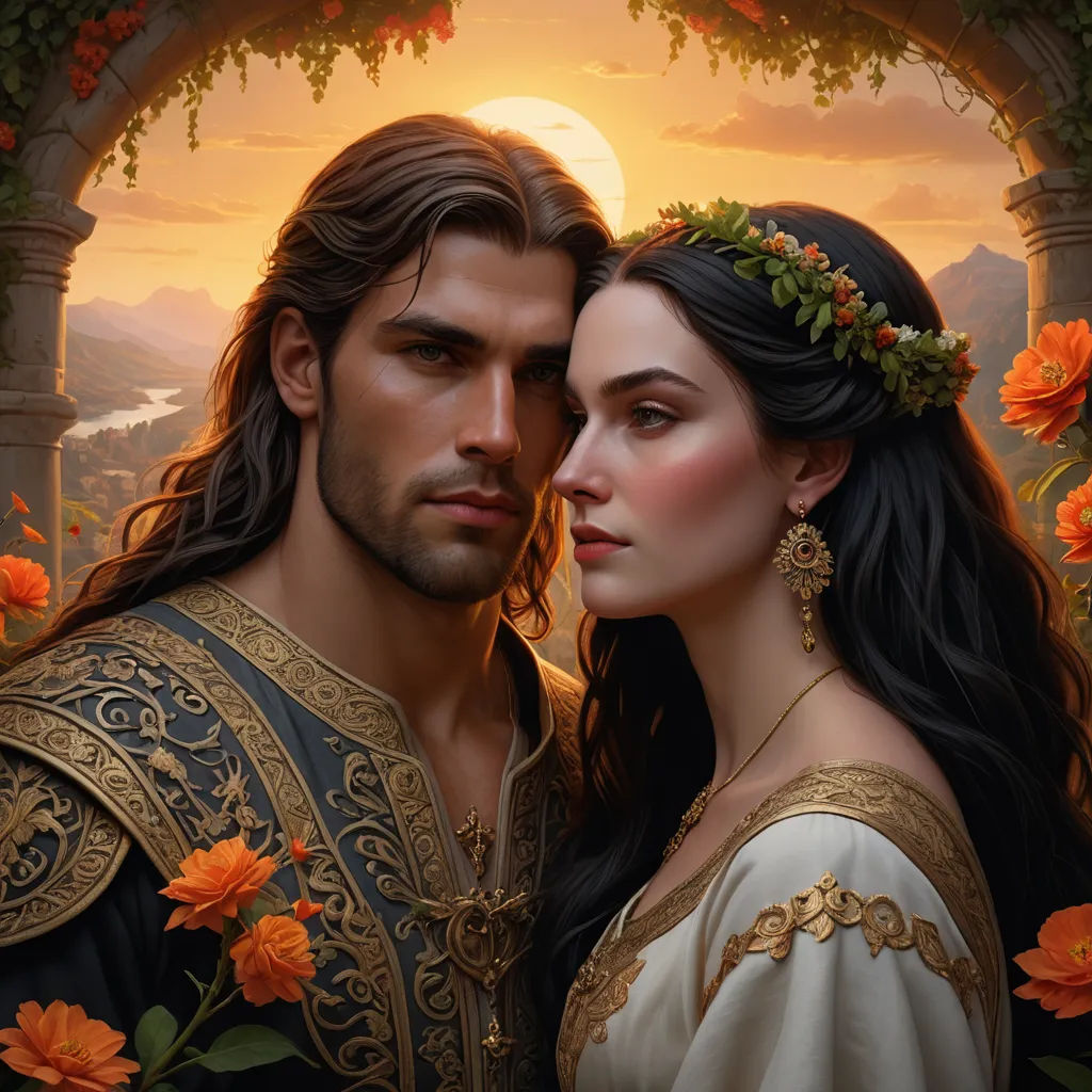 a painting of a man and woman in roman dress standing in front of a sunset and flowers with a sun setting behind them, fantasy art, a detailed painting, Anne Stokes, highly detailed digital painting