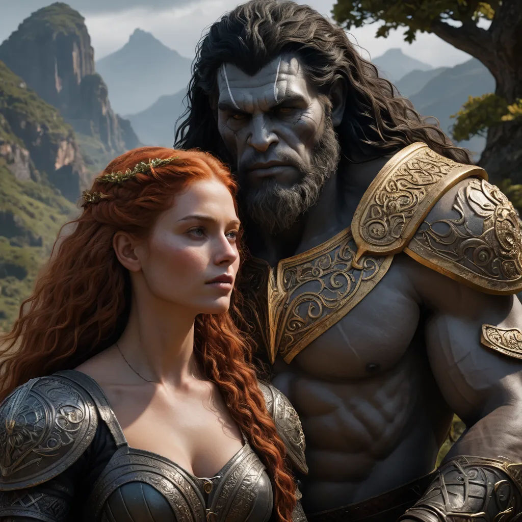 a woman and a man in armor standing next to each other in front of a mountain range with a tree, fantasy art, computer graphics, Altoon Sultan, weta digital