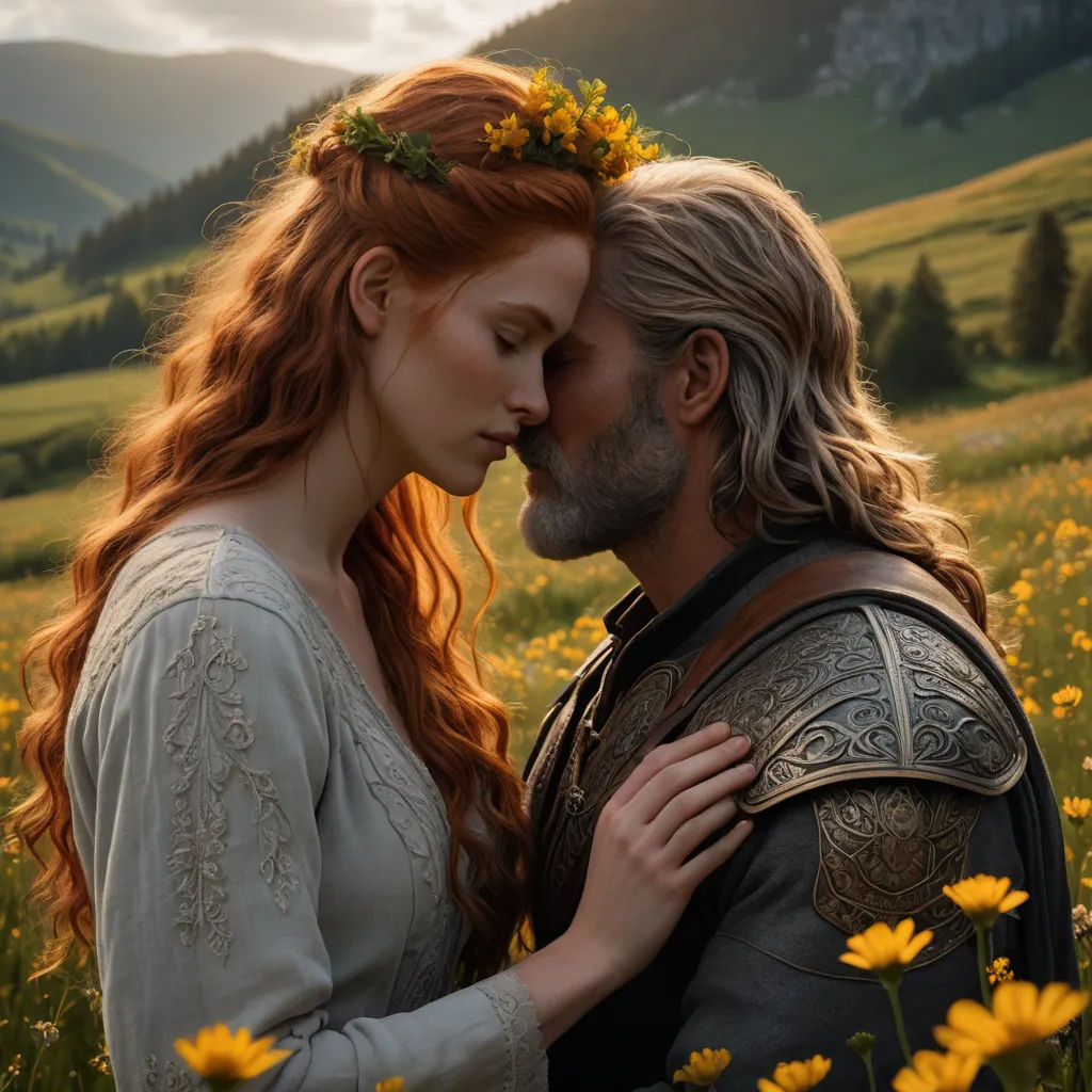 a man and a woman standing in a field of flowers with a mountain in the background and a sky with clouds, german romanticism, a renaissance painting, Bálint Kiss, elden ring