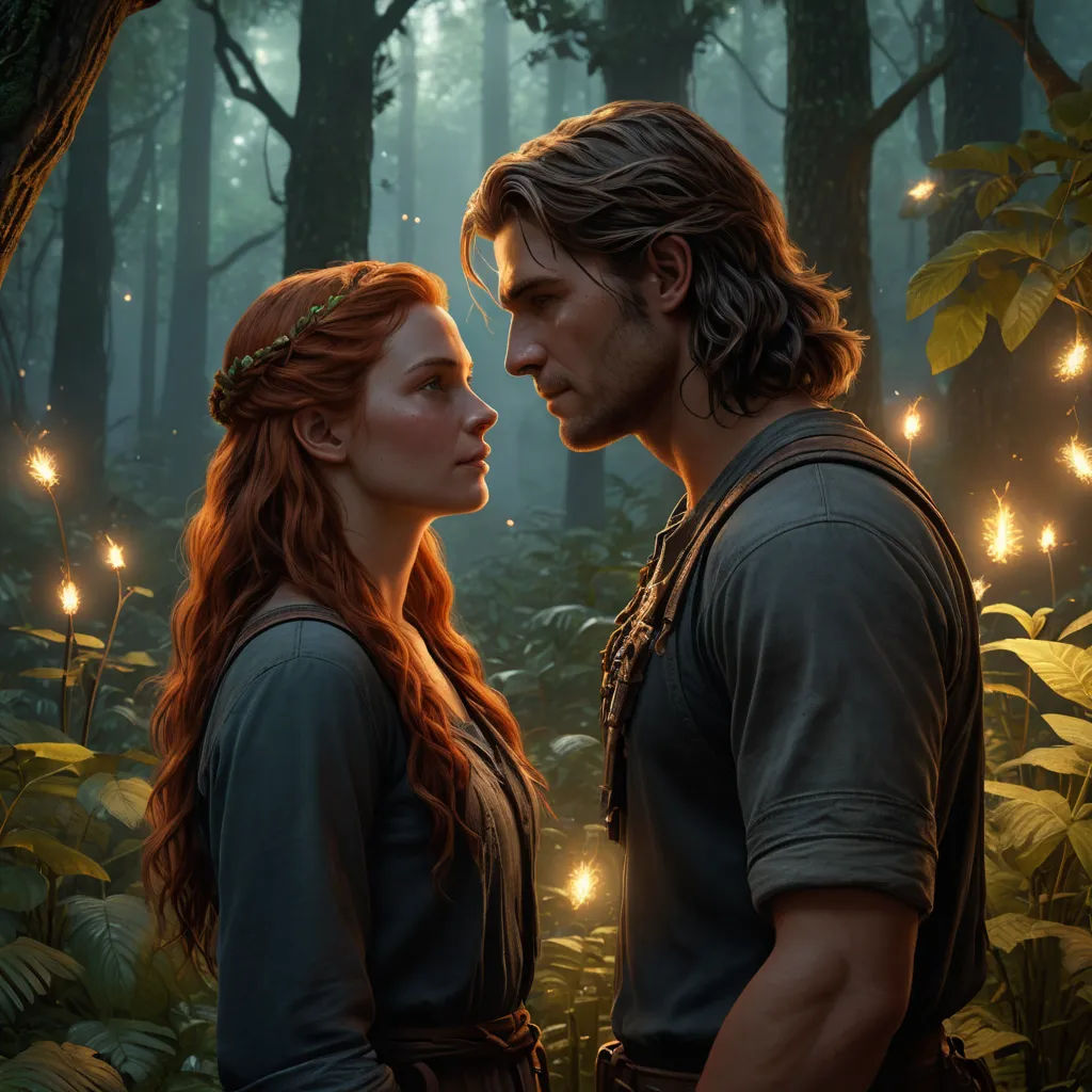 a man and a woman standing in a forest with fairy lights on their foreheads and a forest background, fantasy art, poster art, Christophe Vacher, official art