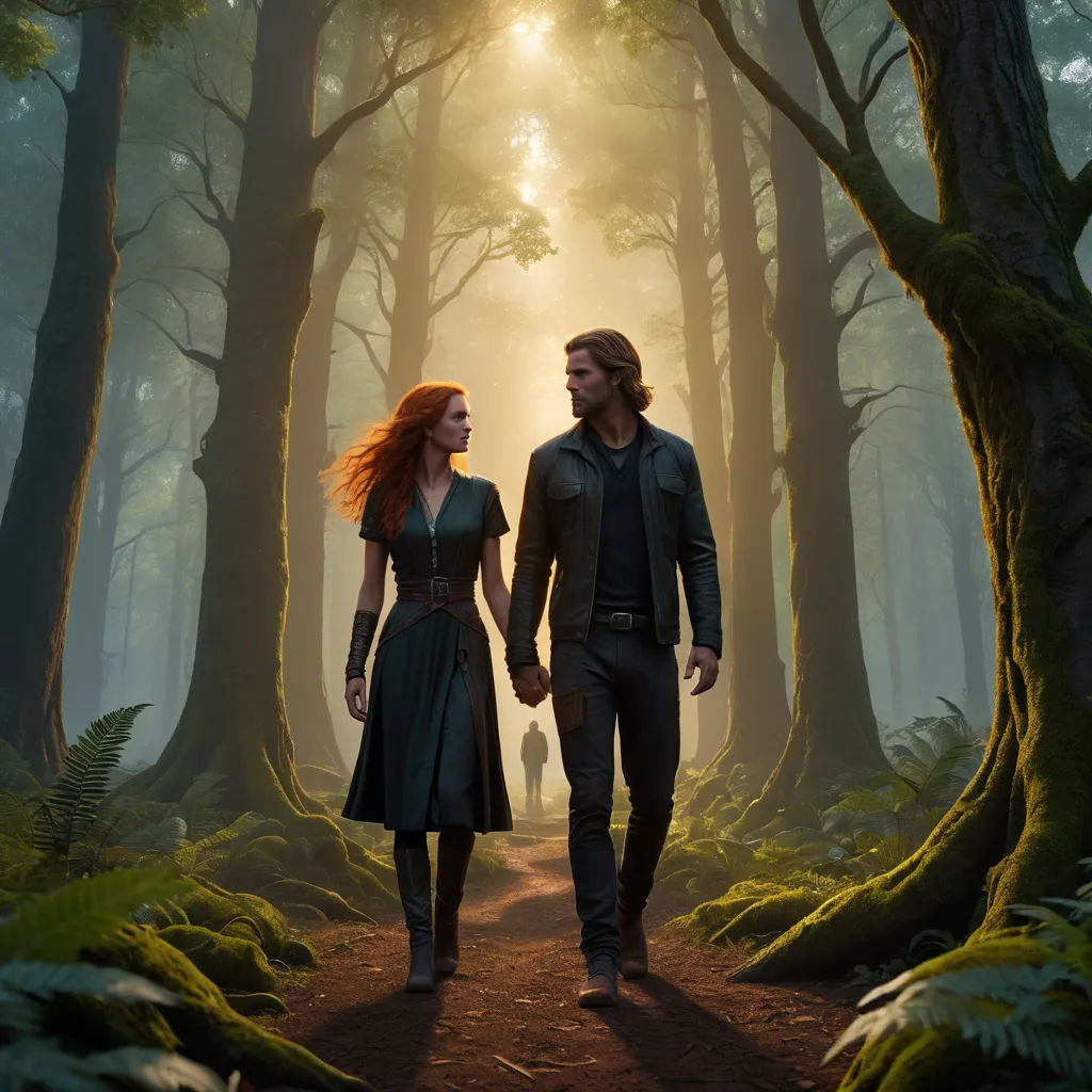 a man and a woman walking through a forest holding hands and looking at each other with a light shining through the trees, fantasy art, a detailed matte painting, Chris LaBrooy, key art