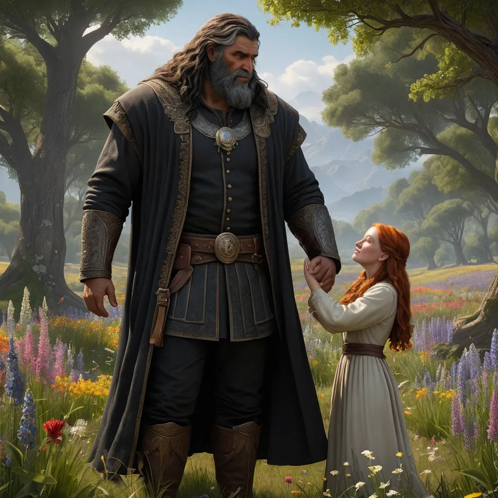 a man and a woman in a field of flowers holding hands and looking at each other with a forest in the background, fantasy art, concept art, Edward Otho Cresap Ord, II, epic fantasy character art