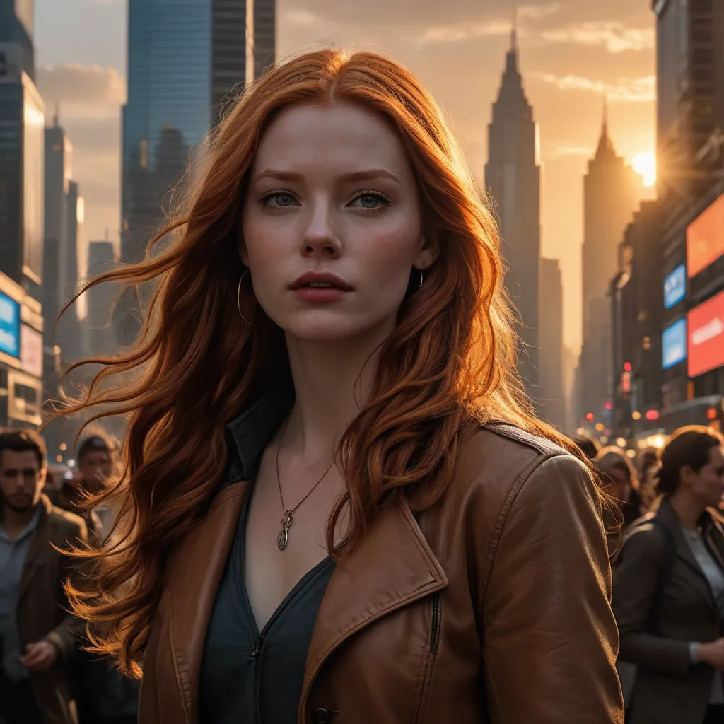 a woman with red hair standing in a crowded city street at sunset with a crowd of people behind her, renaissance, a character portrait, Constance Gordon-Cumming, cinematic photography