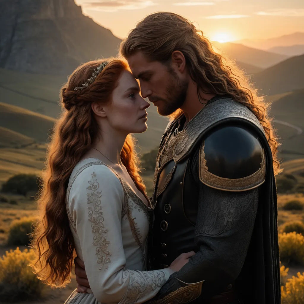 a man and a woman in medieval dress standing next to each other in a field with mountains in the background, antipodeans, a poster, Altoon Sultan, elden ring