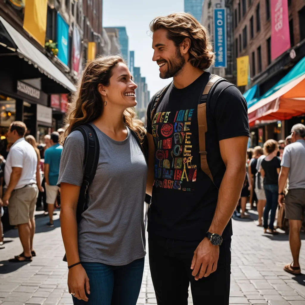 a man and woman standing next to each other on a street with people walking around them and buildings in the background, art & language, a stock photo, Christian Hilfgott Brand, promotional image