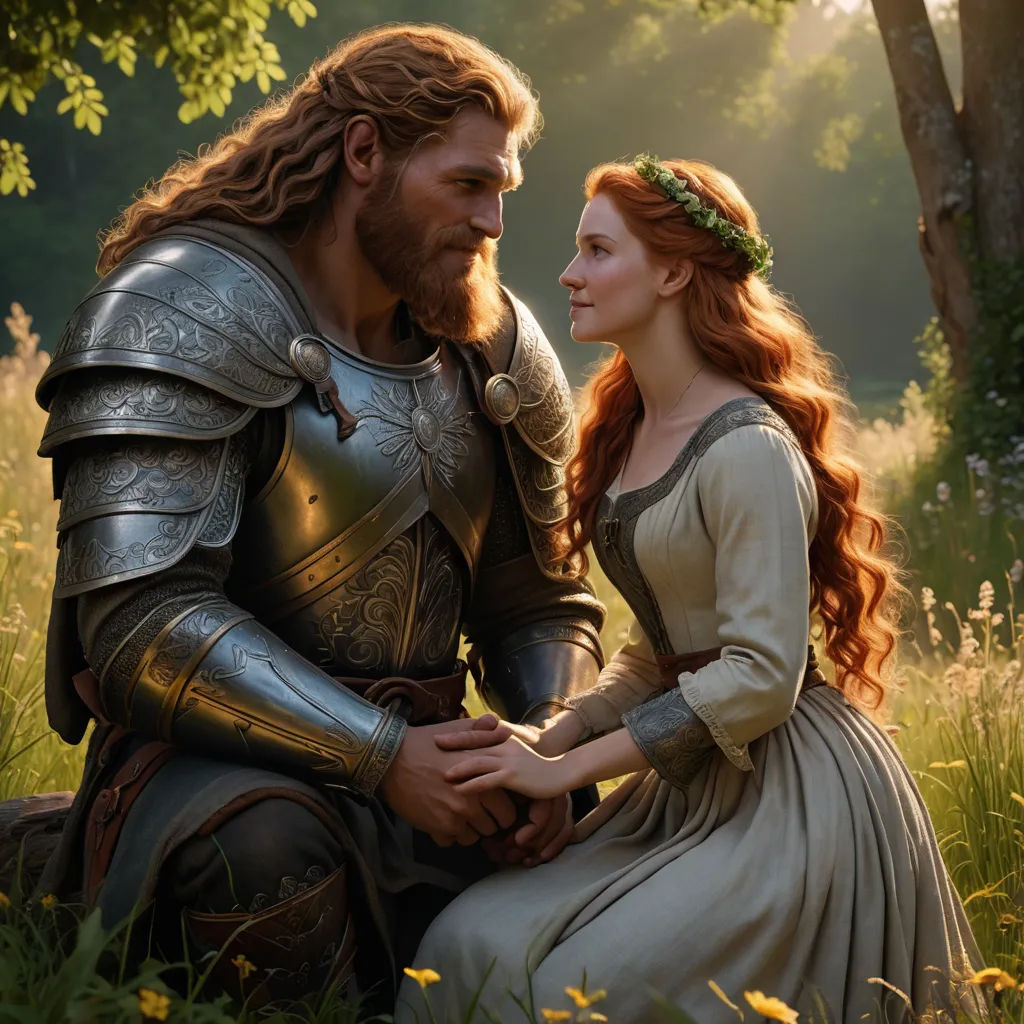a man and a woman dressed in medieval costumes sitting in a field of flowers and grass, one of them is holding the hand of the other, fantasy art, a storybook illustration, Bálint Kiss, elden ring