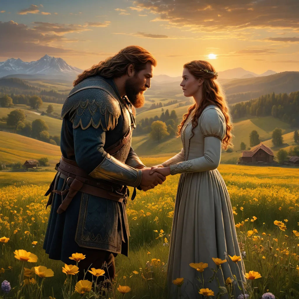 a man and a woman standing in a field of flowers holding hands and looking at each other with a sunset in the background, german romanticism, a detailed matte painting, Bálint Kiss, promotional image