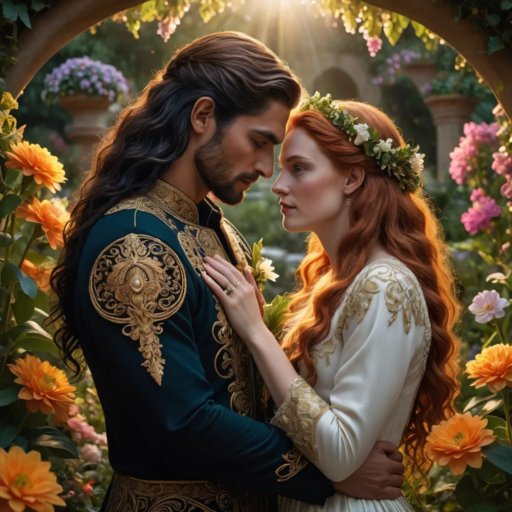 a man and a woman in a garden with flowers and a archway in the background, with the sun shining through the foliage, fantasy art, a poster, Altoon Sultan, pre - raphaelite