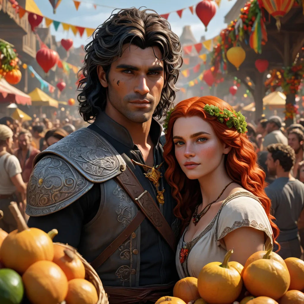 a man and a woman standing next to each other in front of a crowd of people with oranges, fantasy art, computer graphics, Eddie Mendoza, rossdraws global illumination
