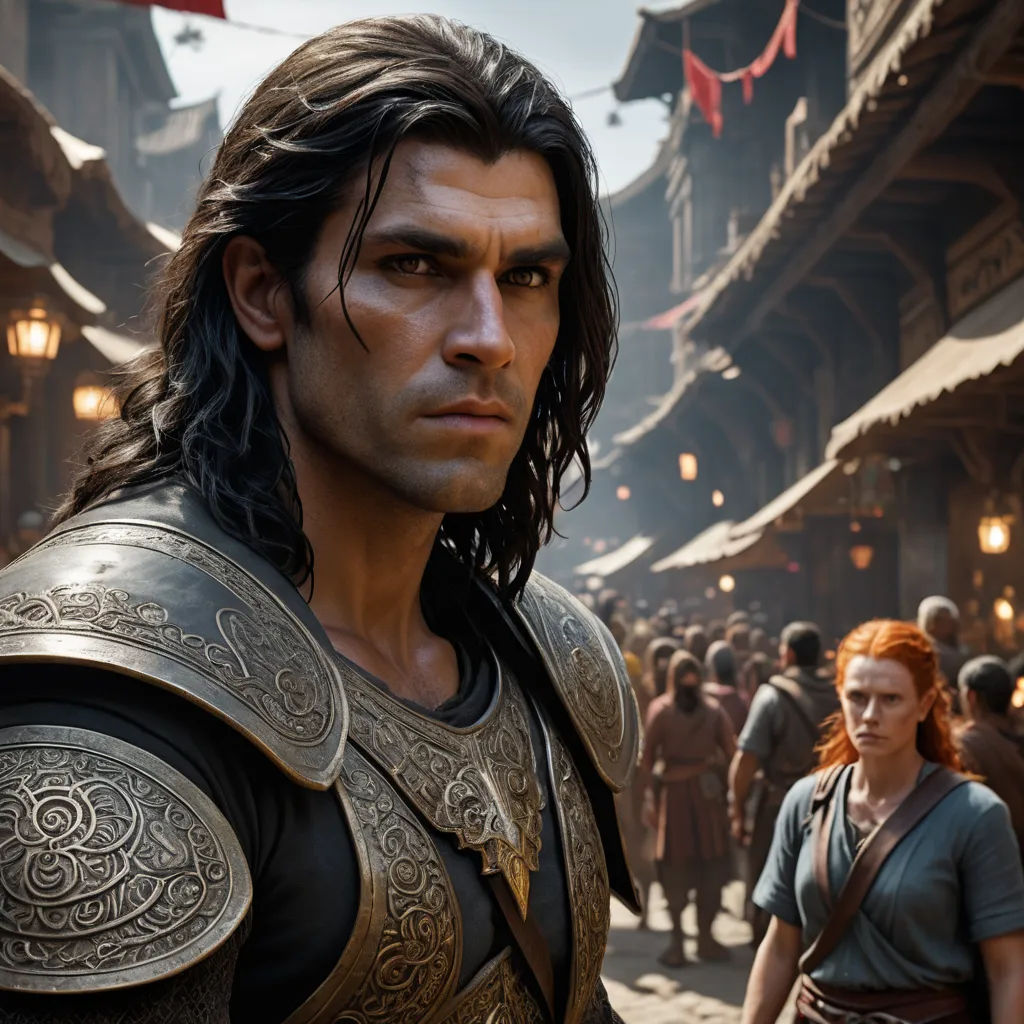 a man in a costume standing next to a woman in a street with a crowd of people in the background, antipodeans, computer graphics, Altoon Sultan, unreal engine highly rendered